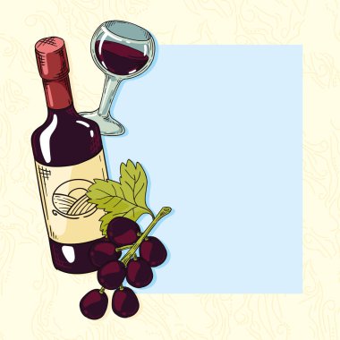 wine bottle and grapes with cup icons