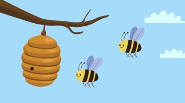 bees insects flying and honeycomb ,4k video animated