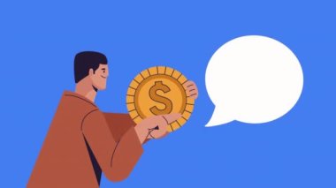 young man with coin speaking animation ,4k video animated