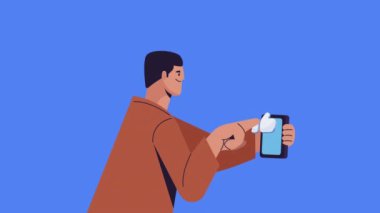 Genç adam akıllı telefon animasyonu kullanıyor, 4k video animasyonu