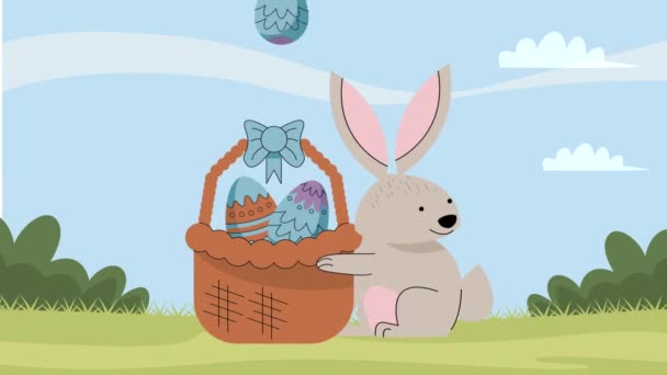 Eggs Painted Basket Rabbit Landscape Video Animated — ストック動画