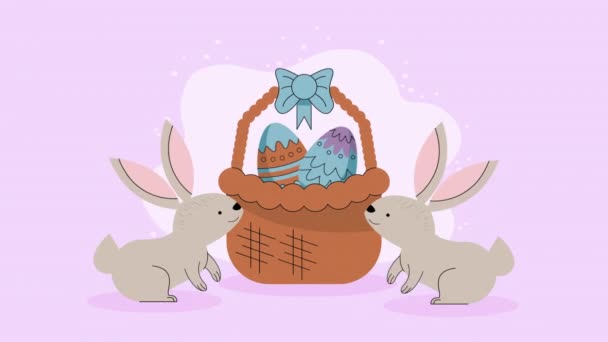 Uova Primaverili Dipinte Cesto Con Conigli Video Animato — Video Stock