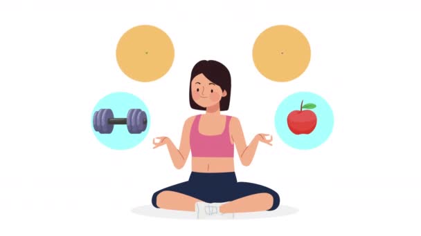Young Female Athlete Healthy Icons Video Animated — Vídeo de stock