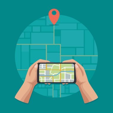 hands using smartphone with gps app tech