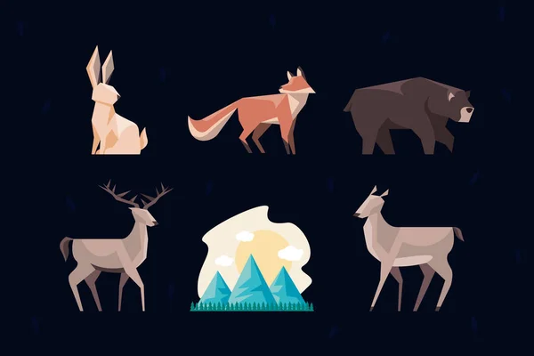 Spring Season Five Animals Low Poly Style — 스톡 벡터