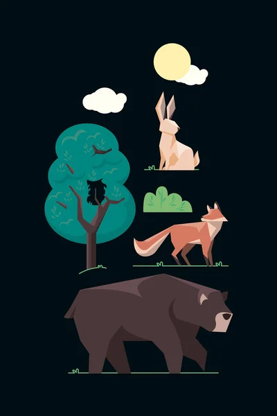 Spring Animals Tree Low Poly Style — Stock Vector