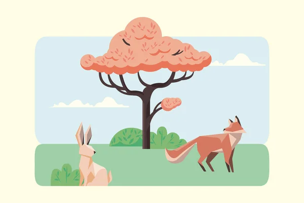 stock vector rabbit and fox animals in landscape