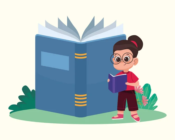 Blue Open Book Girl Reading — Stockvektor