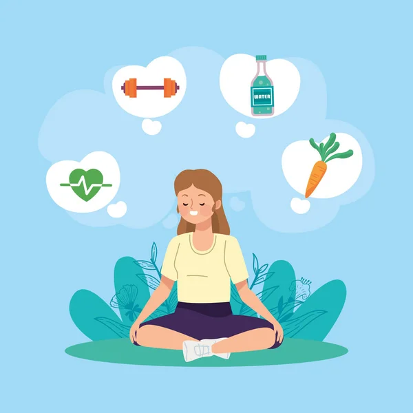 Girl Practicing Yoga Healthy Icons Character — Stockvector