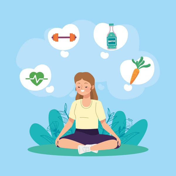 girl practicing yoga and healthy icons character