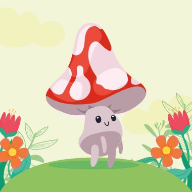 cute spring fungus in garden character