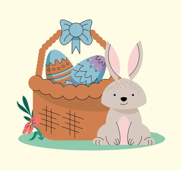 Eggs Painted Basket Rabbit Scene — Stock Vector