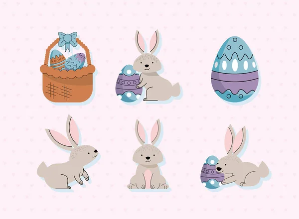 Six Spring Eggs Rabbits Icons — Stock Vector