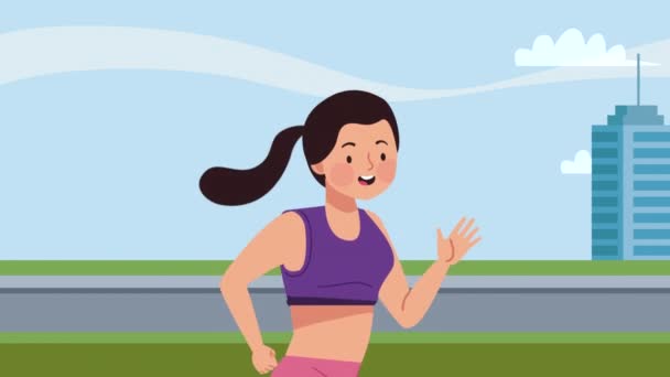 Vrouwelijke Atleet Draait Stad Video Geanimeerd — Stockvideo
