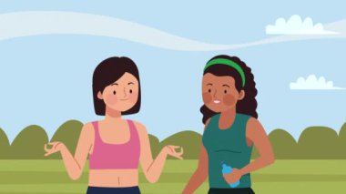 Genç ırklar arası kadın sporcular karakterler, 4k video animasyonu