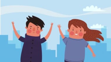 Şehir animasyonunda genç bir çift, 4k video animasyonu