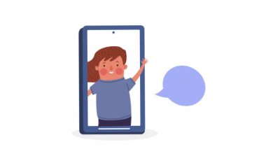 Akıllı telefon karakteri animasyonunda genç bir kadın, 4k video animasyonu