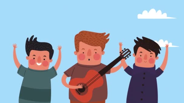 Молодые Люди Друзья Играют Гитаре Видео Анимации — стоковое видео