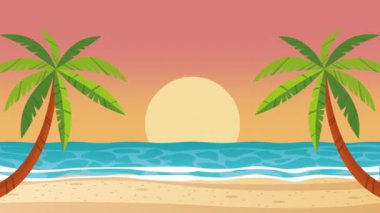 Sahil ve palmiye ağaçları günbatımı sahnesi, 4k video animasyonu