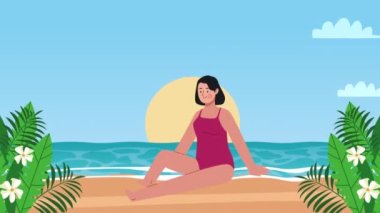 Sahilde oturan genç bir kadın, 4K video animasyonu.