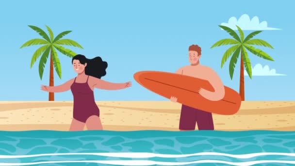 Casal Andando Com Personagens Pranchas Surf Vídeo Animado — Vídeo de Stock