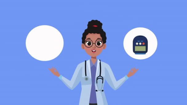 Afro Kvinnlig Läkare Med Glukometer Animation Video Animerad — Stockvideo