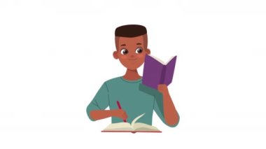 Genç afro adam karakter çalışıyor, 4k video animasyonu