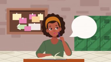 Kitap karakteri ile çalışan afro kız, 4k video animasyonu