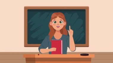 Kitap karakteri ile çalışan sarışın kız, 4k video animasyonu