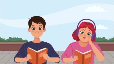Genç öğrencilerin çift çalışması karakterler, 4k video animasyonu