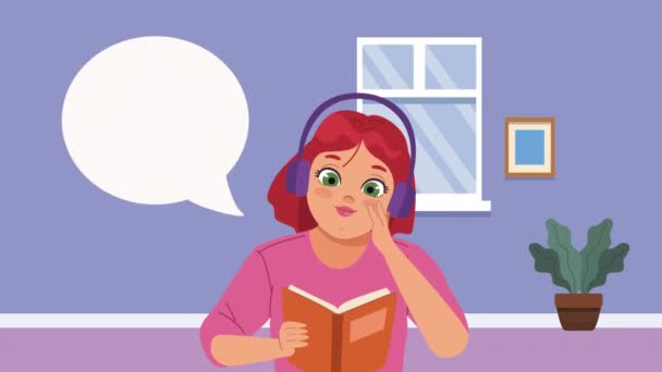 Menina Estudando Livro Leitura Audição Vídeo Animado — Vídeo de Stock