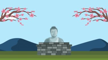 Japon kültürü Buddha heykeli sakura, 4k video animasyonu