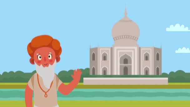 インド文化老人と寺院 4Kビデオアニメーション — ストック動画