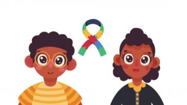 Otizm kurdeleli çocuklar kampanya yapboz parçaları, 4k video animasyonu