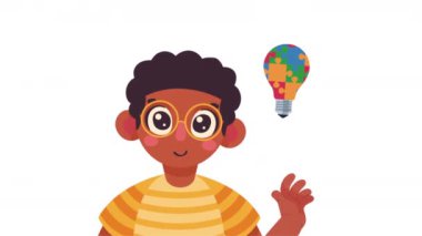 Austism afro çocuk bulmaca ampulü, 4k video animasyonu