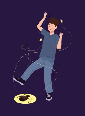 Araknofobi krizi geçiren bir adam.