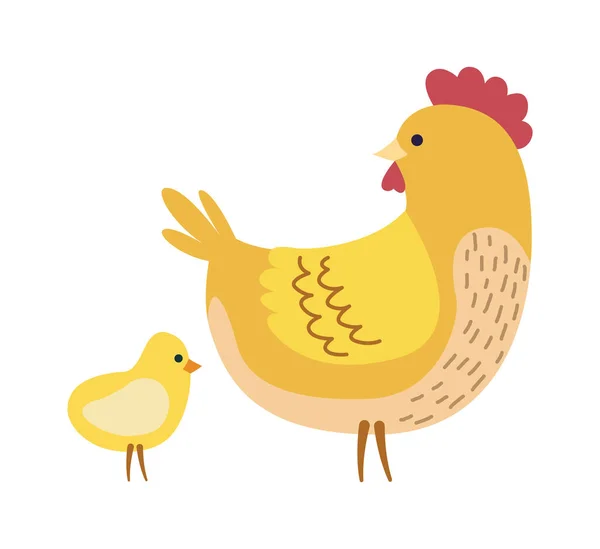 可爱的母鸡和小鸡农场动物图标 — 图库矢量图片