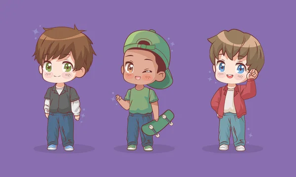 Três Meninos Personagens Anime — Vetor de Stock
