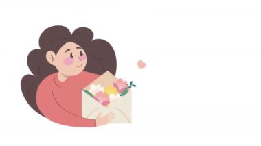 Çiçekli ve harf animasyonlu genç kadın, 4k video animasyonu