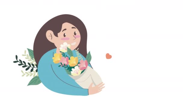 Mladá Žena Květinami Kytice Animace Video Animované — Stock video