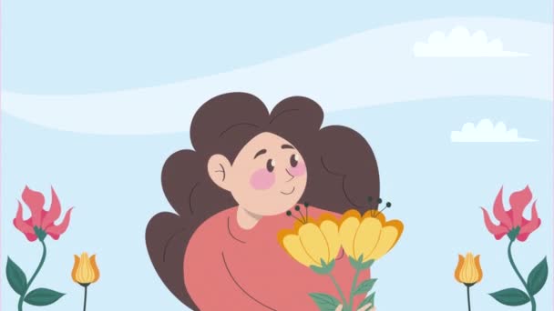 Νεαρή Γυναίκα Animation Λουλούδια Βίντεο Κινουμένων Σχεδίων — Αρχείο Βίντεο