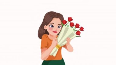 Çiçek buketli genç kadın animasyonu, 4k video animasyonu