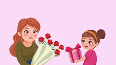 Kızı ve hediye animasyonu olan genç anne, 4k video animasyonu.