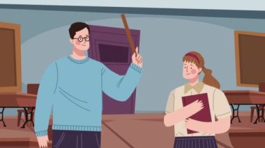 Erkek öğretmen ve öğrenci animasyonu, 4k video animasyonu