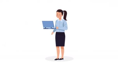 Dizüstü bilgisayar animasyonu kullanan zarif bir iş kadını, 4k video animasyonu