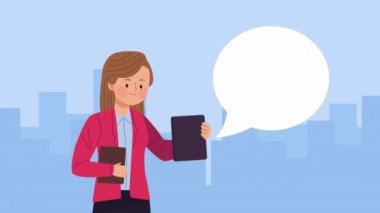 Tablet animasyonlu zarif iş kadını, 4k video animasyonu