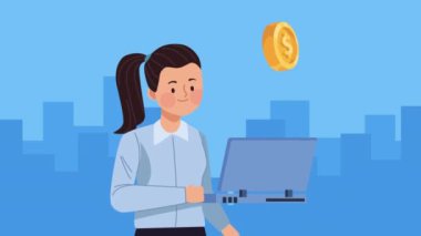 Dizüstü bilgisayar animasyonu kullanan zarif bir iş kadını, 4k video animasyonu