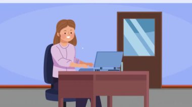 Dizüstü bilgisayar animasyonu kullanan zarif bir iş kadını, 4k video animasyonu