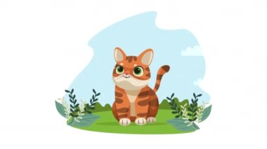 Peyzaj animasyonunda sevimli kedi maskotu, 4k video animasyonu