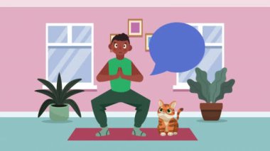 Ev animasyonunda yoga yapan bir adam, 4k video animasyonu.